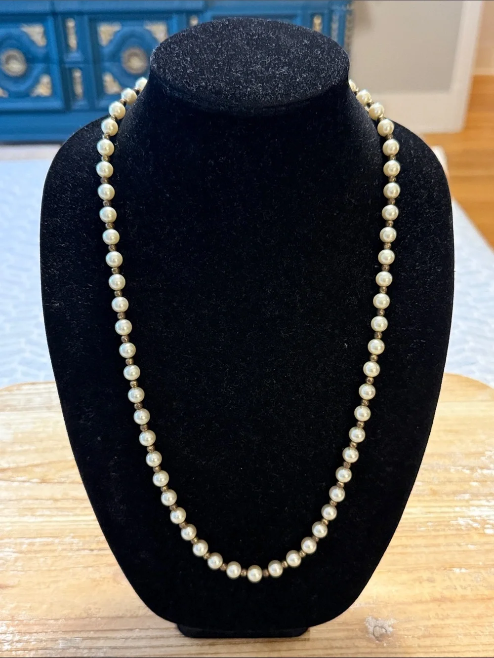 Vintage Cream Gold Tone Faux Pearl Beaded Long Statement Necklace